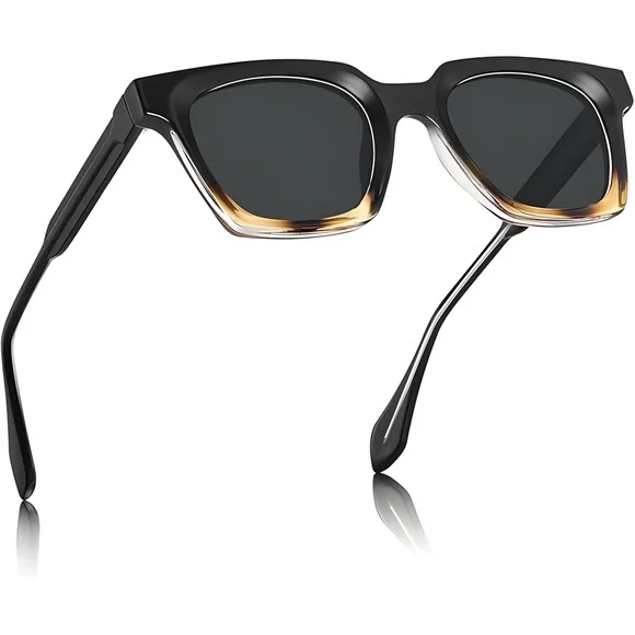 Stylish Black Amber Acetate Square Sunglasses Polarized Grey Lenses UV400 - Picture 2 of 5